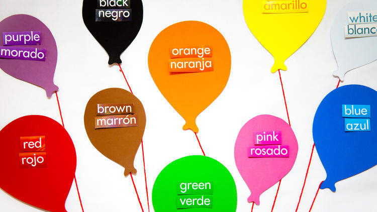 Colored balloons labeled with spanish and english words