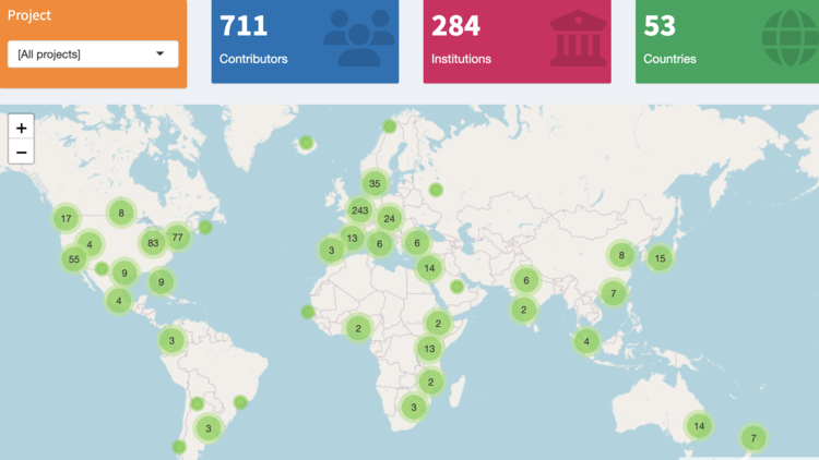 Global map with locations tagged