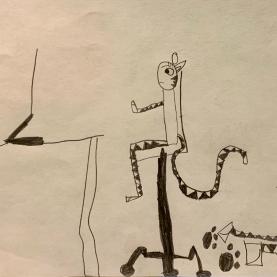 Children's drawing of a tiger at a computer